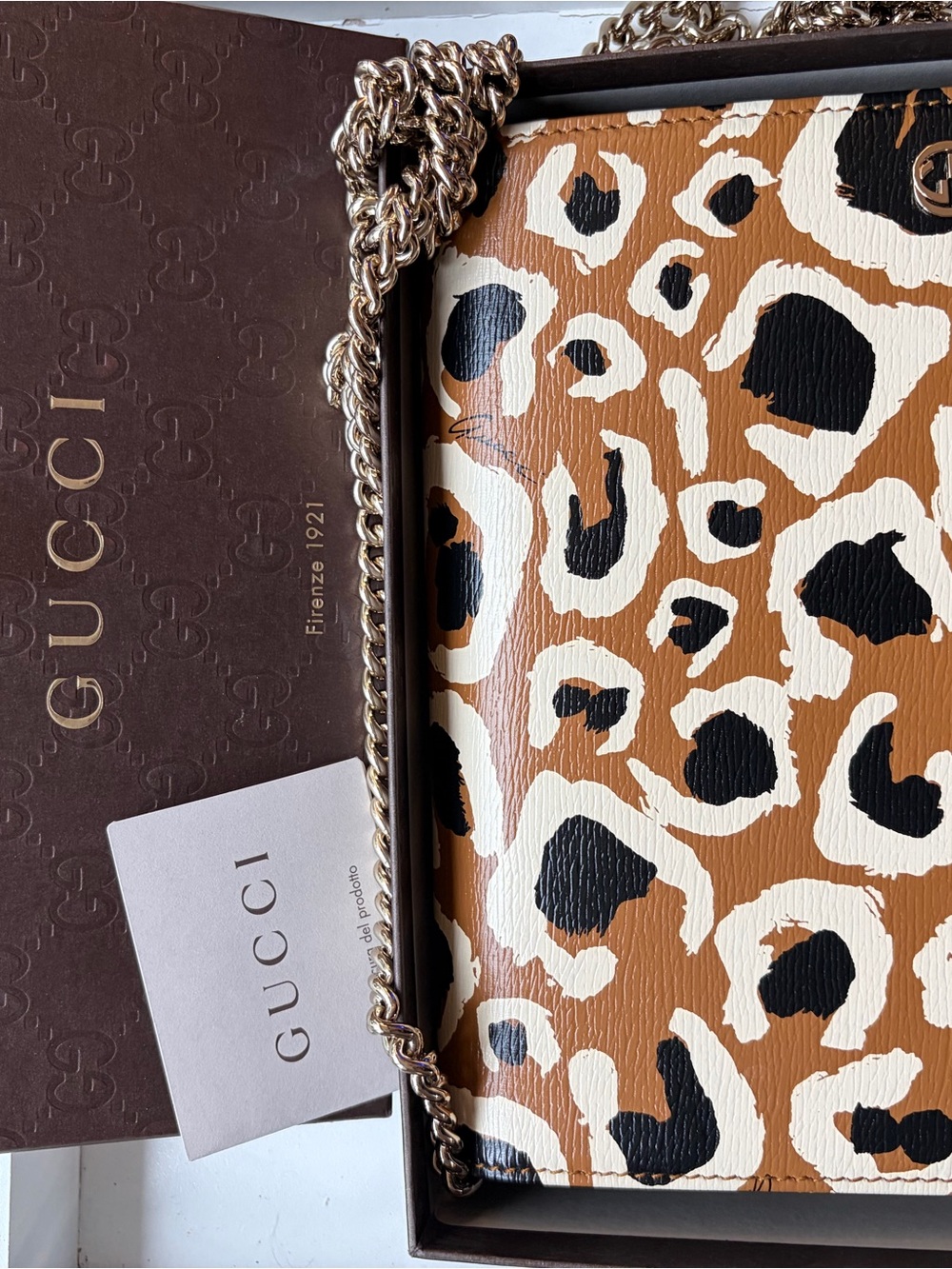 Gucci Leopard Print Leather Shoulder Bag in Tan, Black & Cream
